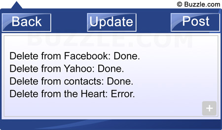 Delete from Facebook: Done. Delete from Yahoo: Done. Delete from contacts: Done. Delete from the Heart: Error.