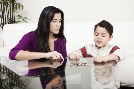Mother and son counting change