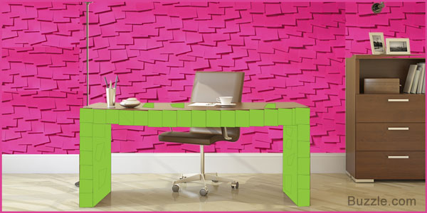 Post-it notes on office walls and desk