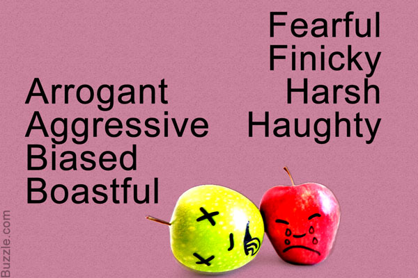 arrogant aggressive biased boastful fearful finicky harsh haughty