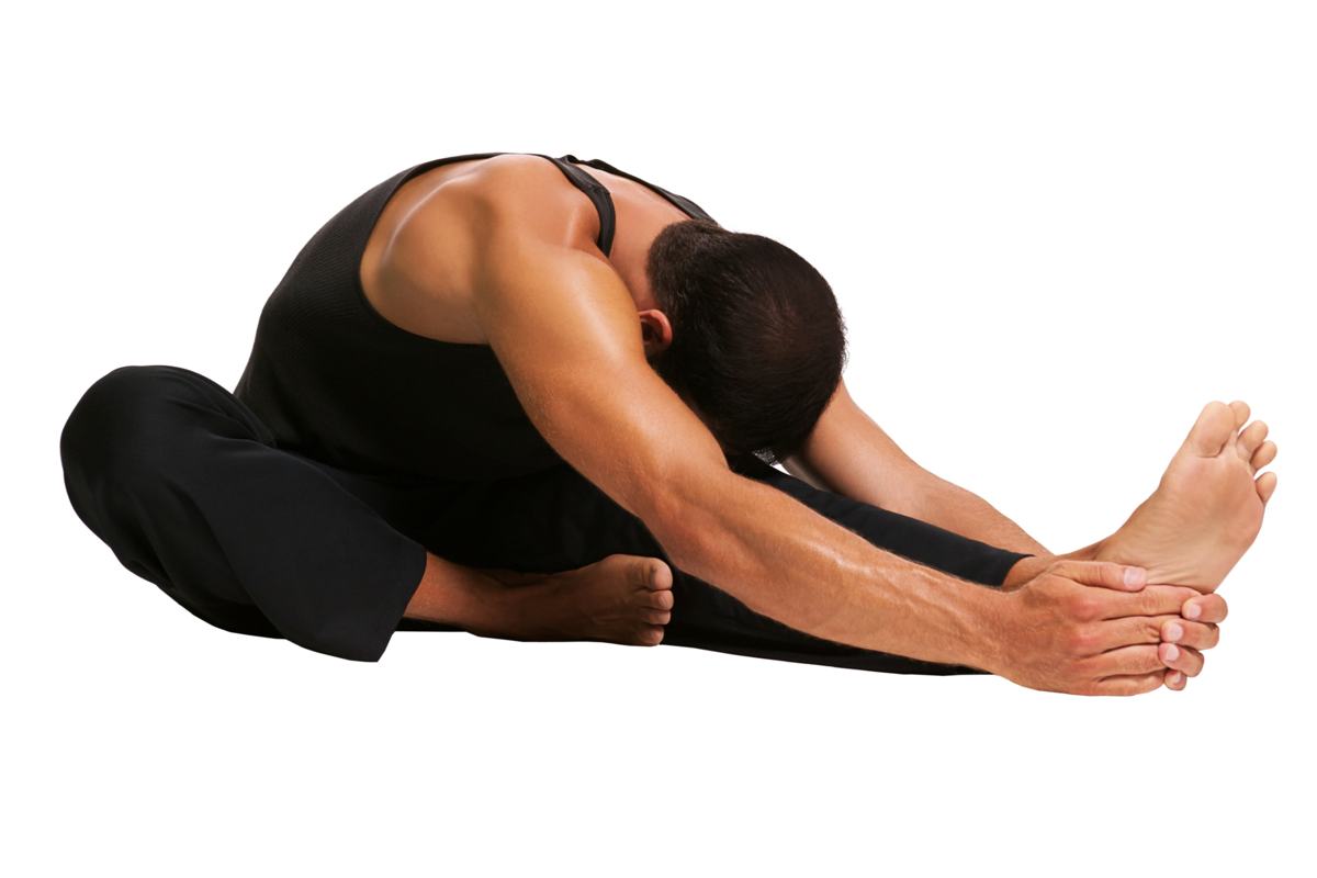 Daily Fitness Schedule--man stretching out over leg