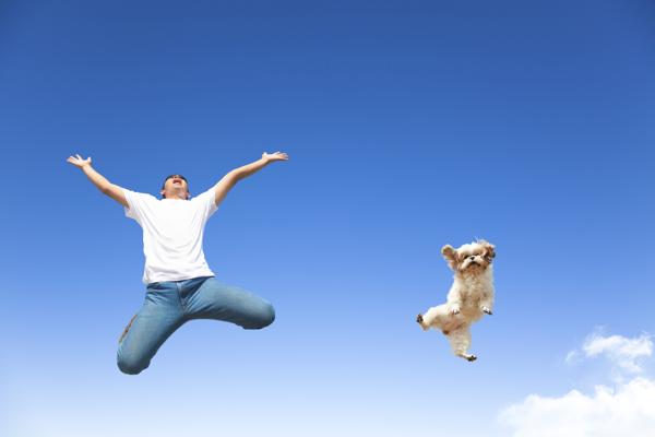 Man and dog jump