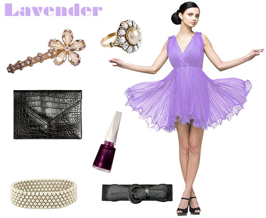 lavender dress with black shoes
