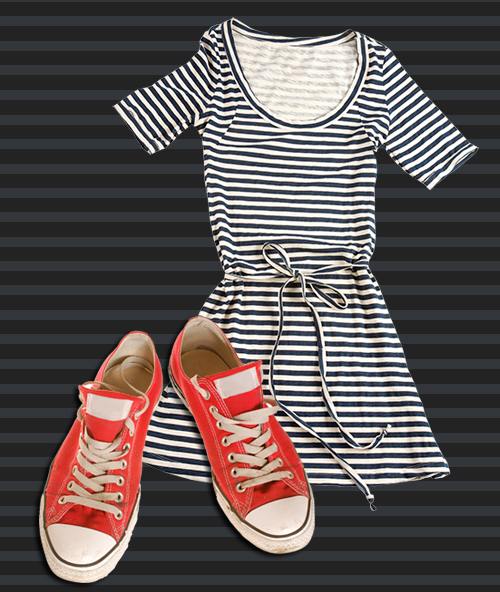 black and white striped dress with red shoes