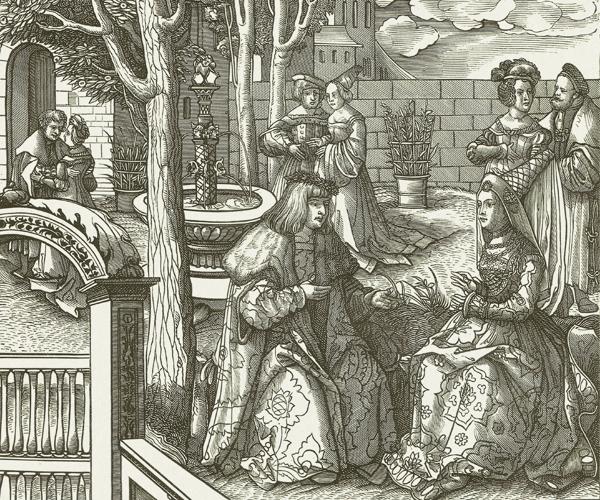 King Maximilian I and  Mary of Burgundy sitting in a courtyard