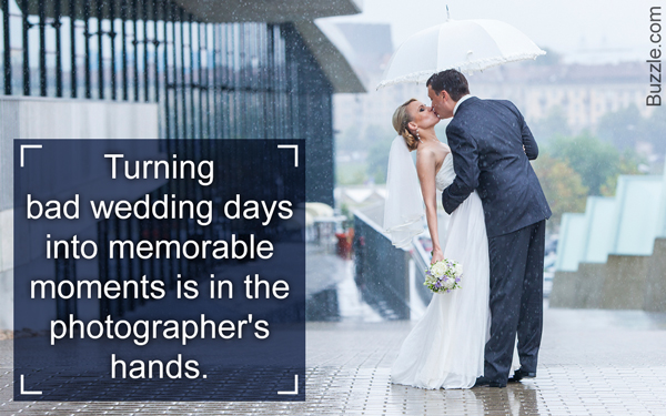 Newly married couple kissing in rain