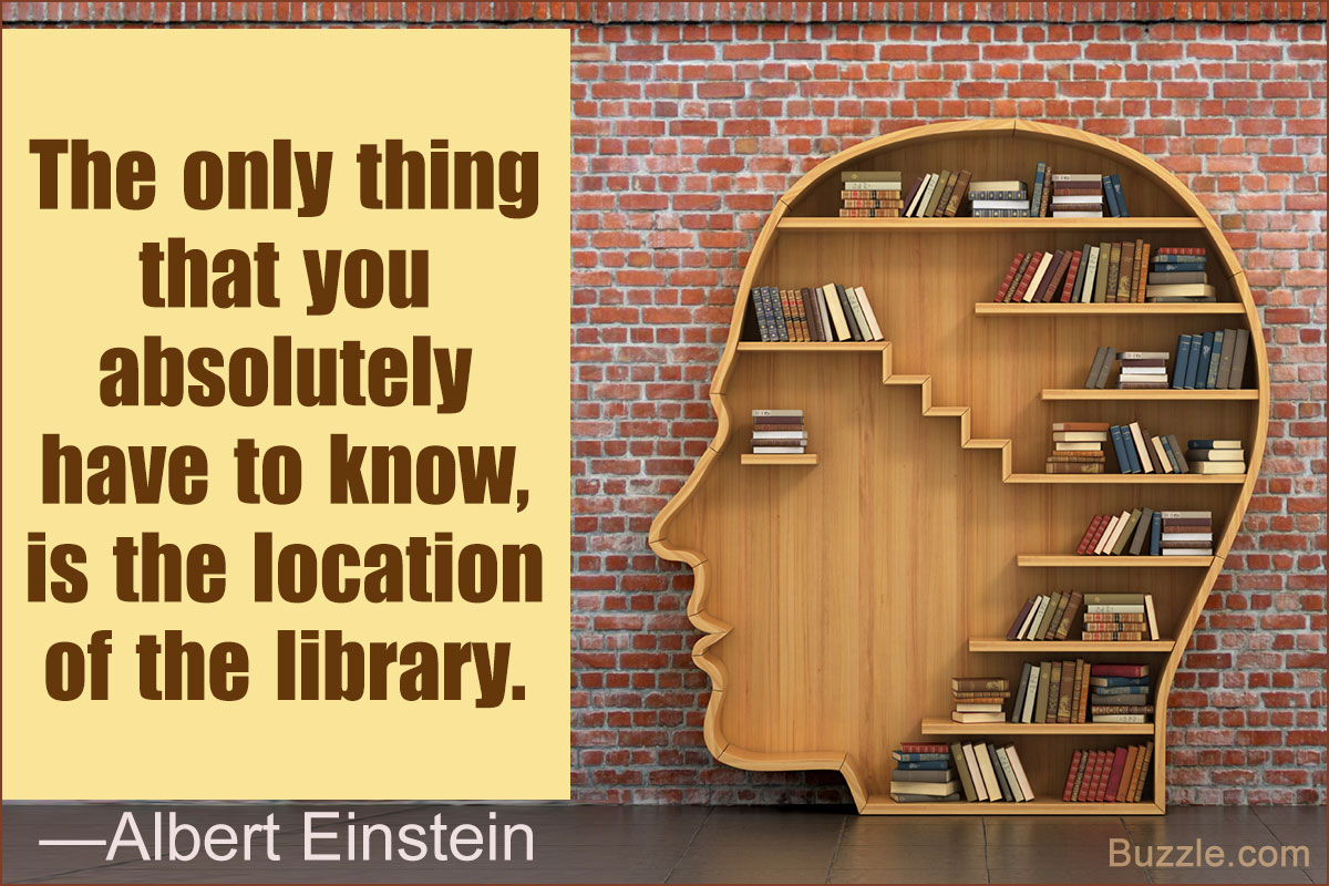 Quote from Albert Einstein about the importance of libraries, background of a brick wall, with a bookshelf in the shape of a human head