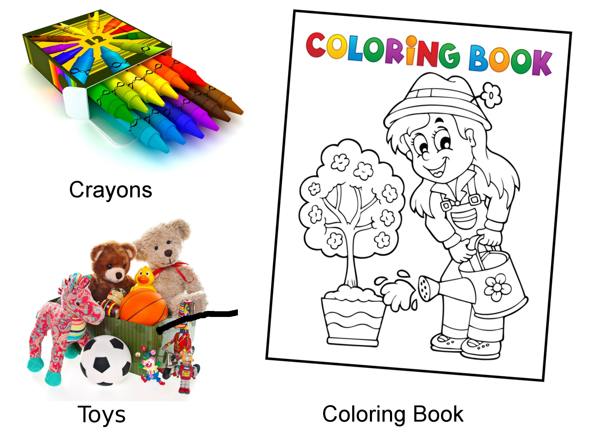 Crayons, toys and coloring book
