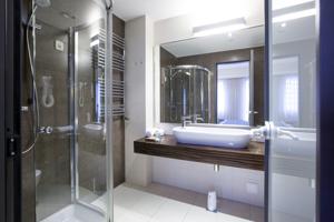 Modern bathroom in hotel shot from shower cabin