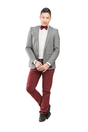 Red Pants Gray Jacket for Engagement Party