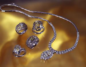 Diamond rings and necklace, high angle view